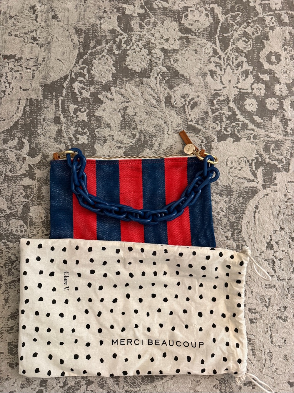 Clare V Red and Blue Striped Canvas Wristlet with Chunky Chain